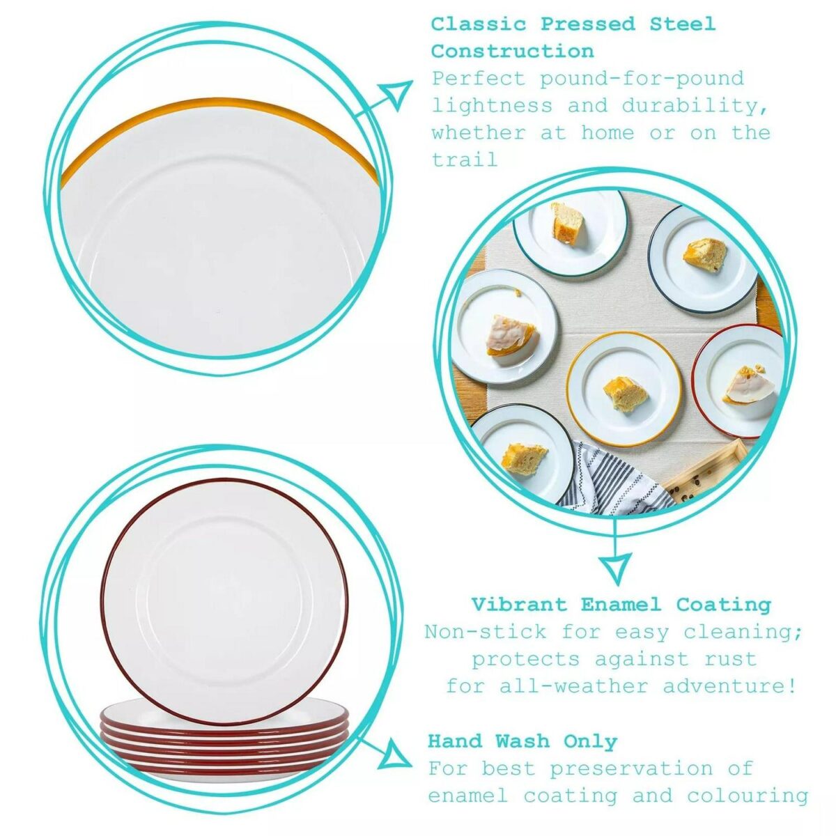 6x White Enamel Side Plates Metal Outdoor Camping Food Dishes 20cm Black - Image 2