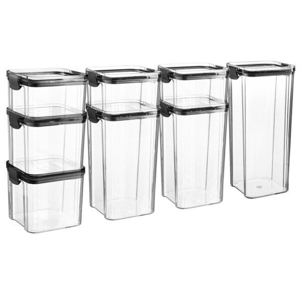 8 Piece Food Storage Containers Set Plastic Kitchen Jars Clip Lid 4 Sizes Black