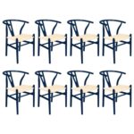 8x Beech Wooden Wishbone Dining Chairs Blue/Natural Mid-Century Modern Seat