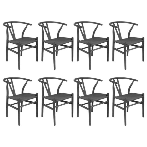 8x Beech Wooden Wishbone Dining Chairs Black/Black Mid-Century Modern Seat