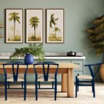 8x Beech Wooden Wishbone Dining Chairs Blue/Natural Mid-Century Modern Seat - Image 6