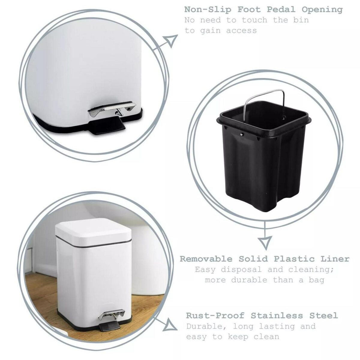 Bathroom Pedal Rubbish Waste Bin (3L) and Toilet Brush Holder Set, Black - Image 2