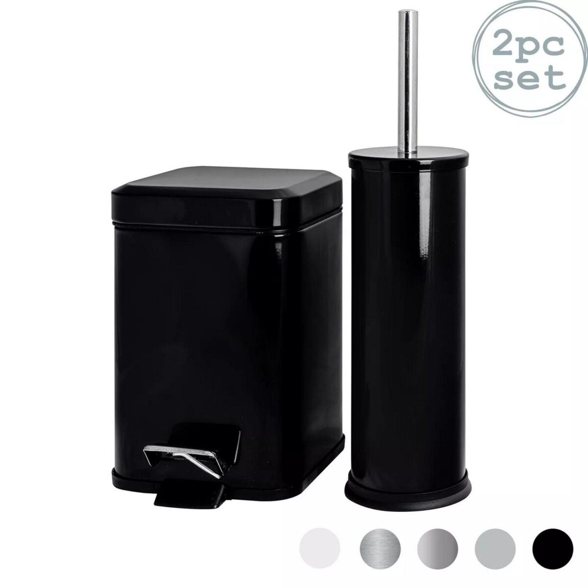 Bathroom Pedal Rubbish Waste Bin (3L) and Toilet Brush Holder Set, Black - Image 1