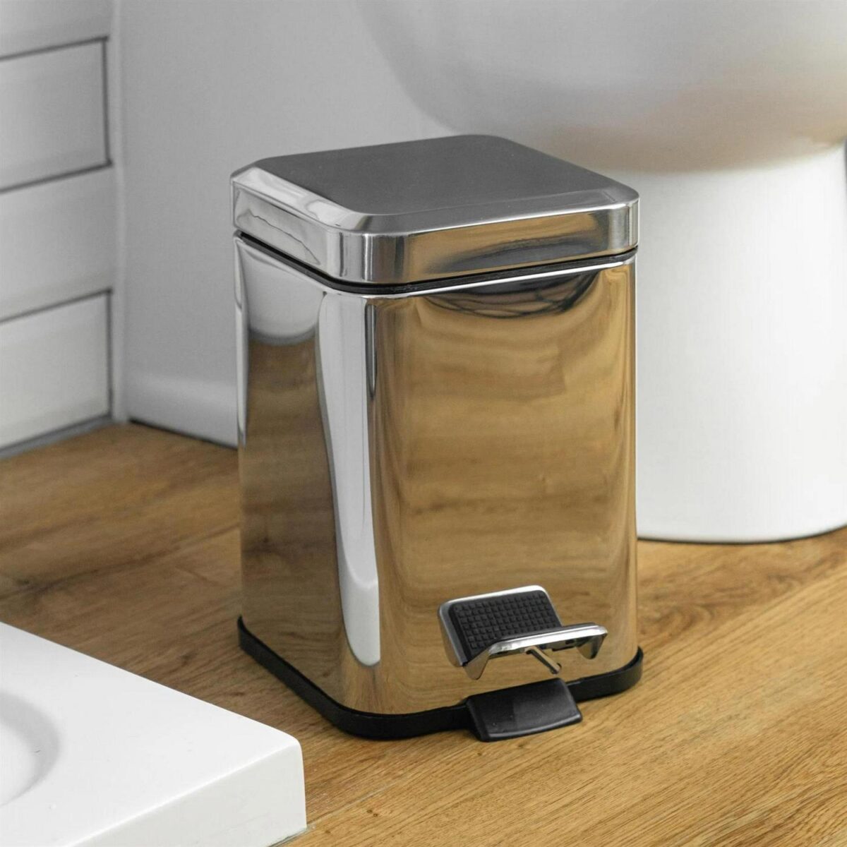 Bathroom Pedal Rubbish Waste Bin (3L) and Toilet Brush Holder Set, Chrome Steel - Image 7