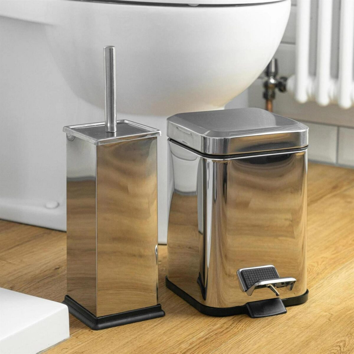 Bathroom Pedal Rubbish Waste Bin (3L) and Toilet Brush Holder Set, Chrome Steel - Image 6