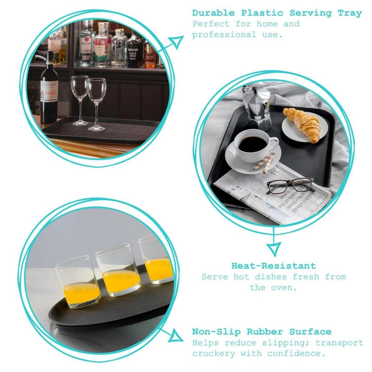 Black Rectangle Non-Slip Serving Tray Plastic Rubber Food Tea Dinner Trays - Image 2