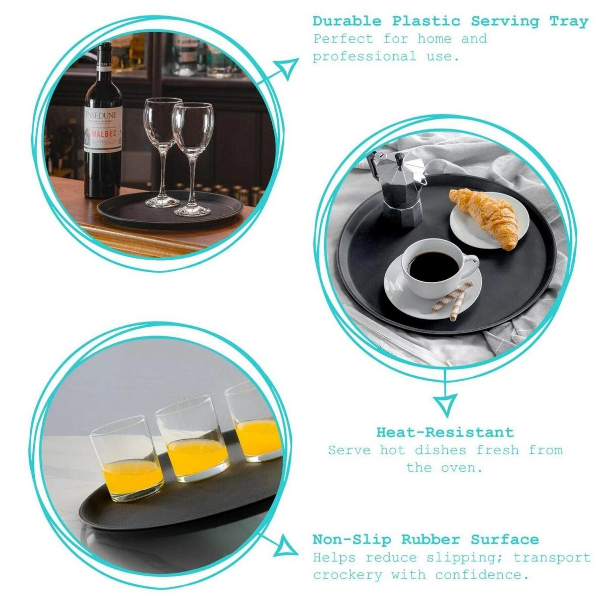 Black Round Non-Slip Serving Trays Plastic Food Tea Dinner Barware Trays - Image 2