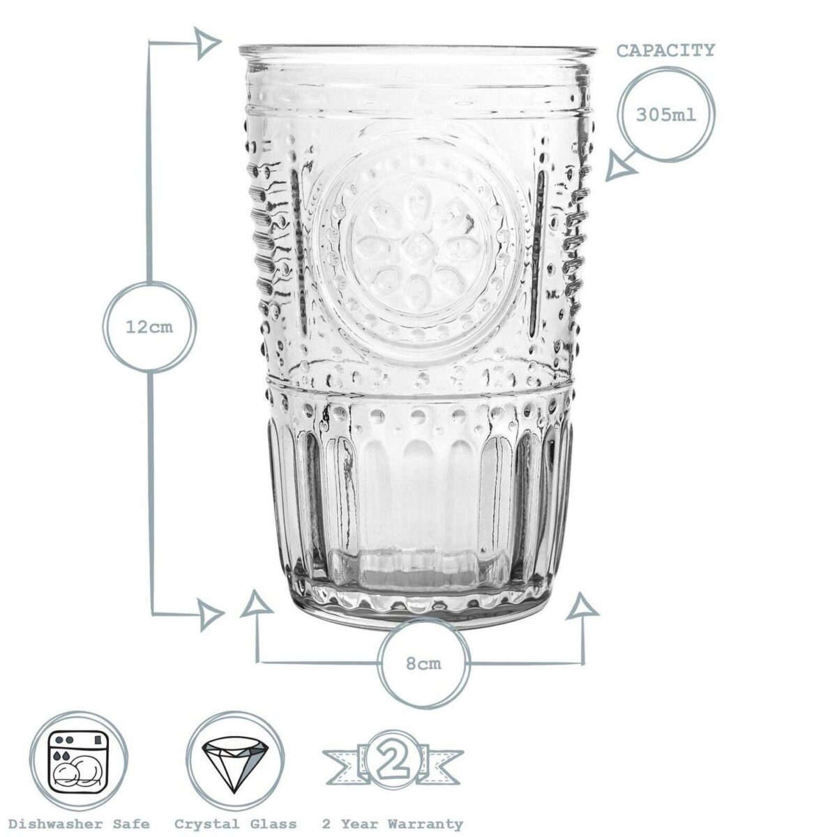 Bormioli Rocco 12 Piece Romantic Glassware Set Floral Highball Tumblers Clear - Image 4