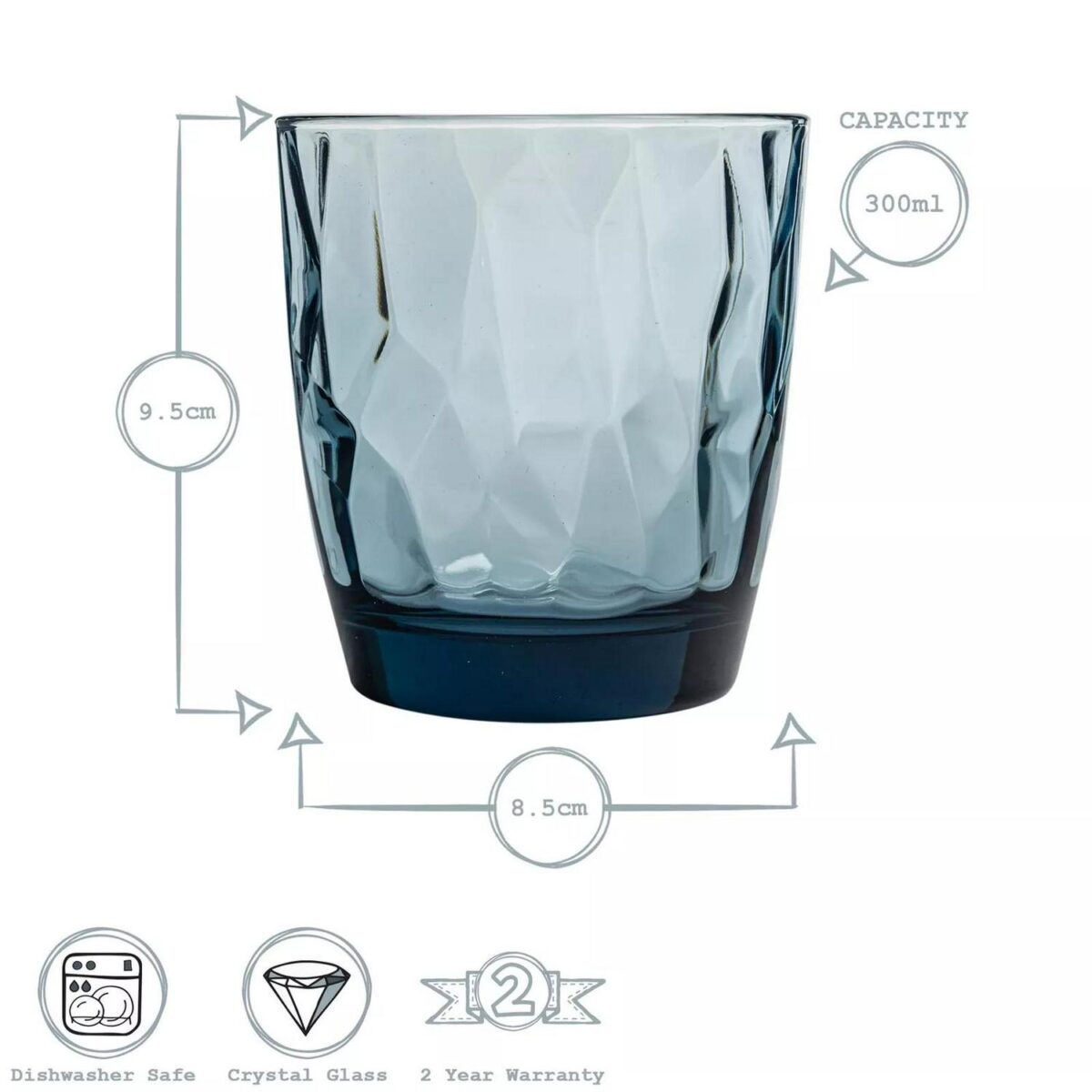 Bormioli Rocco 12x Diamond Water Glasses Dimpled Water Tumblers 300ml Blue - Image 3