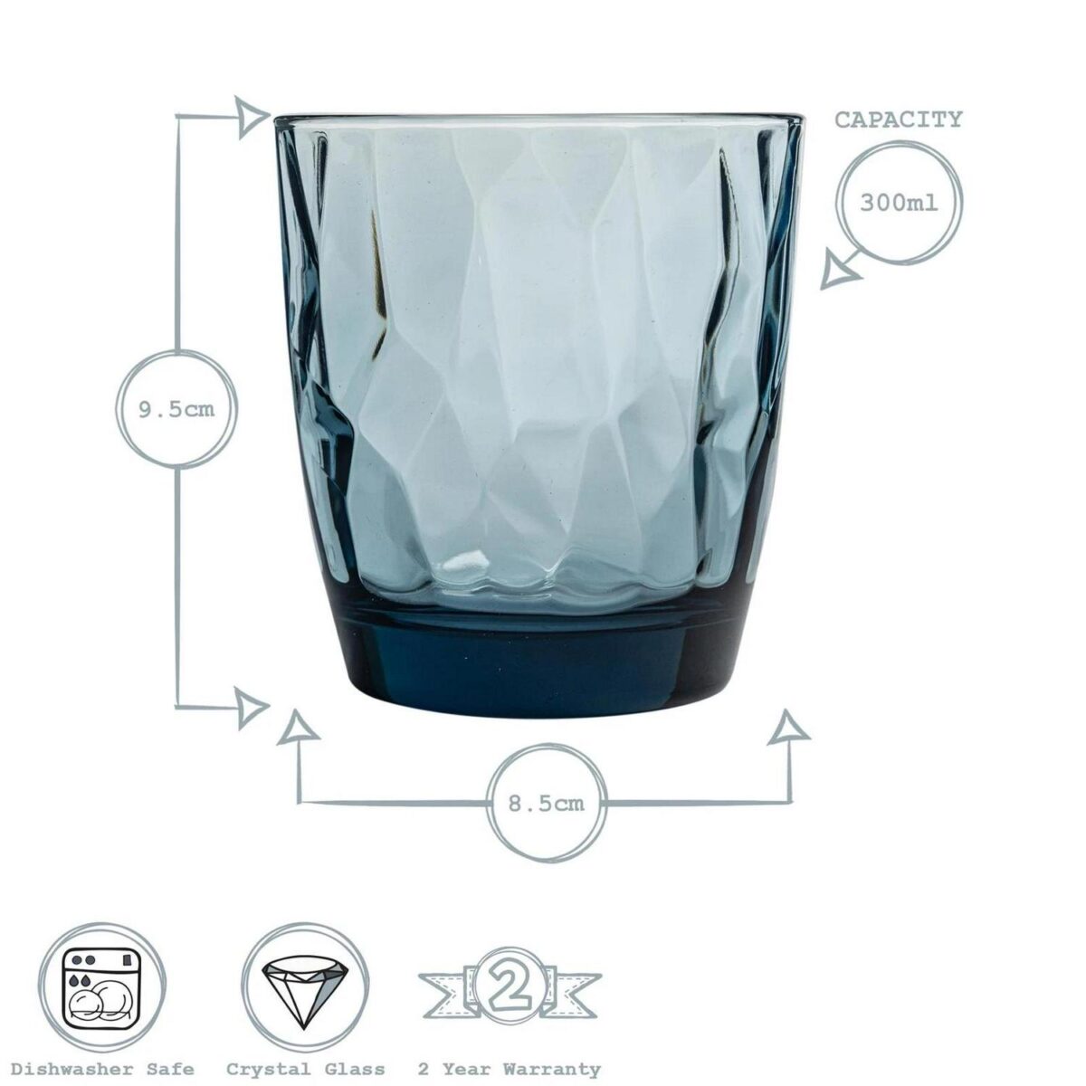 Bormioli Rocco 12x Diamond Water Glasses Dimpled Water Tumblers 300ml Blue - Image 3