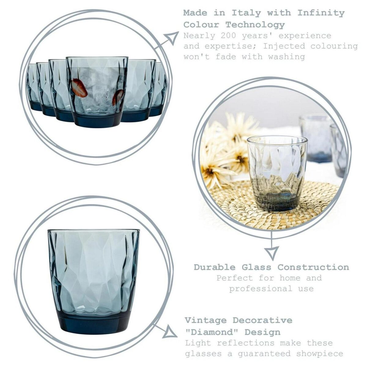 Bormioli Rocco 12x Diamond Water Glasses Dimpled Water Tumblers 300ml Blue - Image 2
