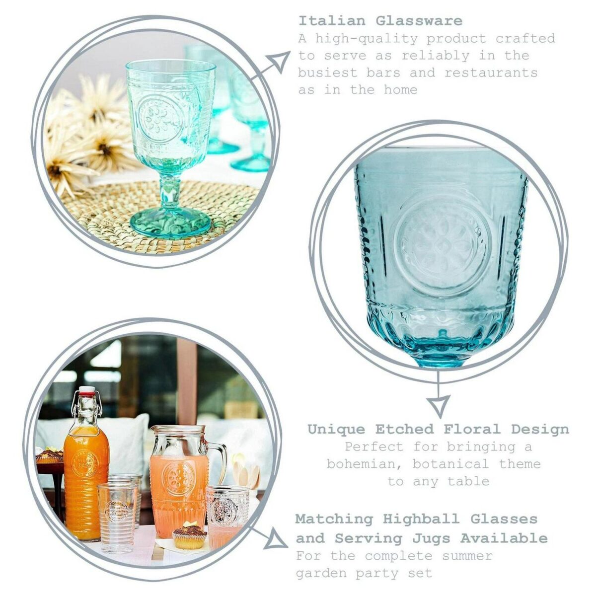 Bormioli Rocco 4x Romantic Wine Glasses Floral Decorated Goblets 320ml Blue - Image 2
