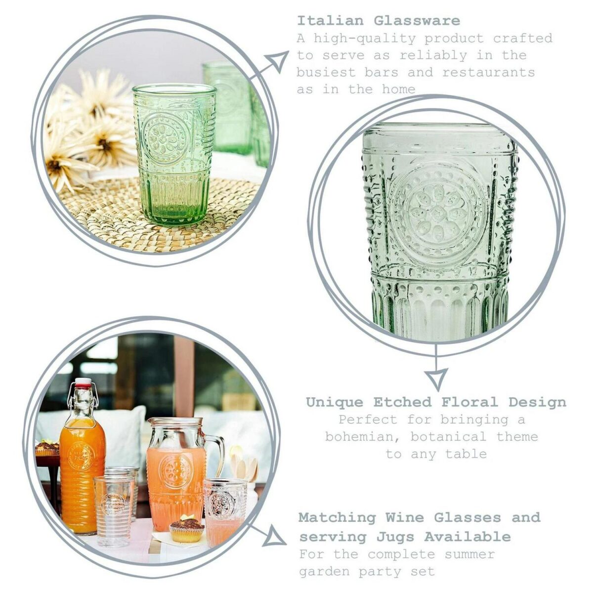Bormioli Rocco 4x Romantic Water Glasses Boho Whisky Juice Tumbler 340ml Green - Image 2