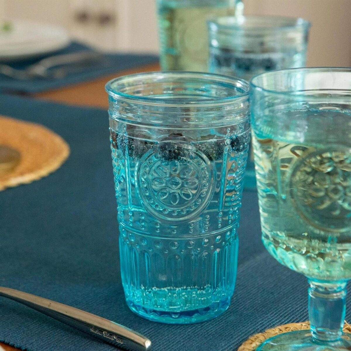 Bormioli Rocco 4x Romantic Water Glasses Boho Whisky Juice Tumbler 340ml Blue - Image 6