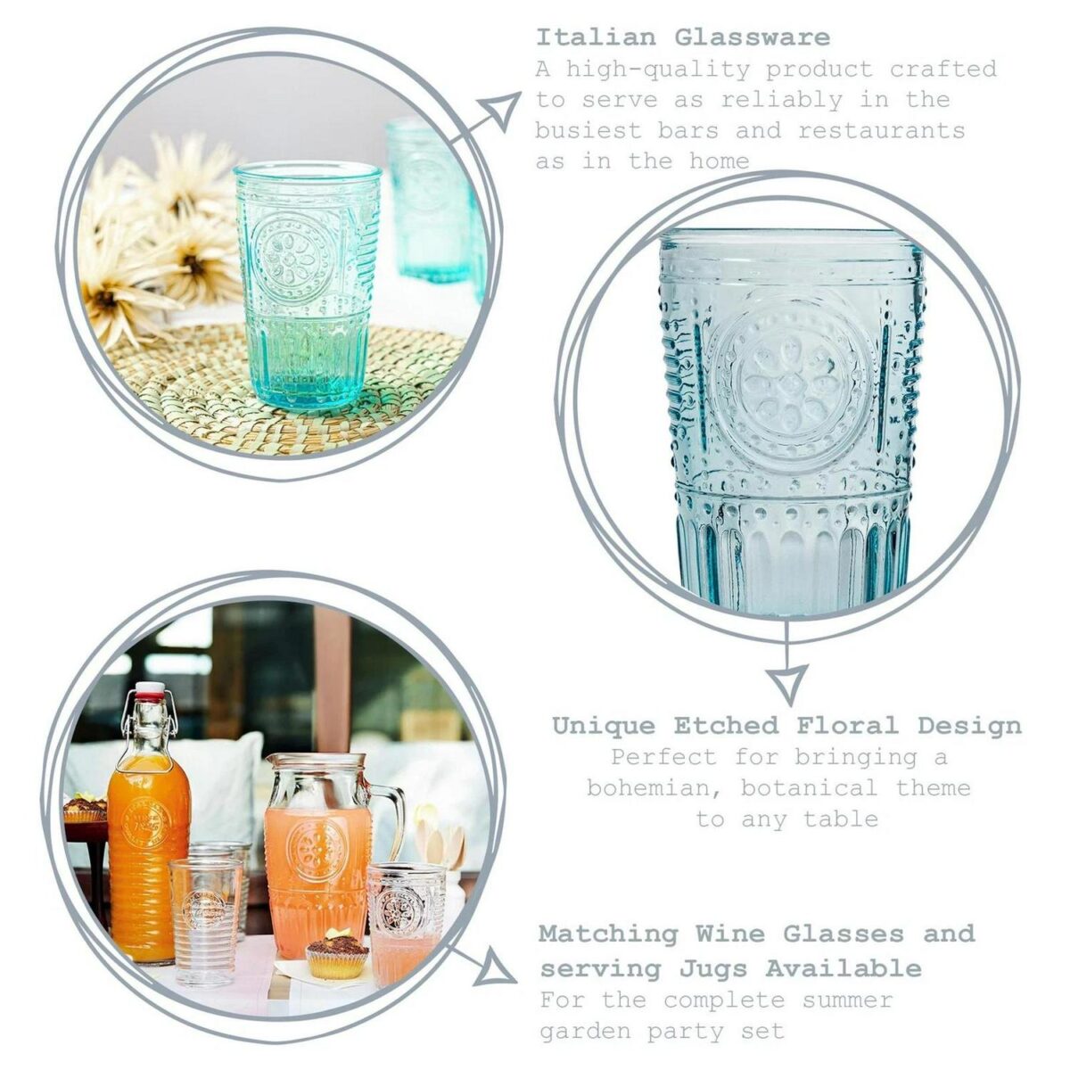 Bormioli Rocco 4x Romantic Water Glasses Boho Whisky Juice Tumbler 340ml Blue - Image 2