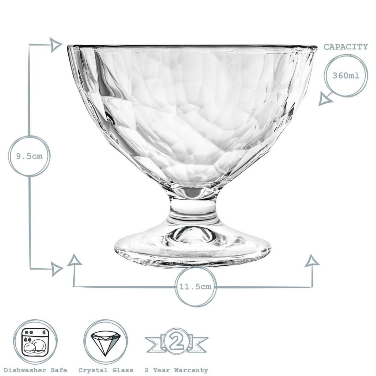 Bormioli Rocco 6x Diamond Ice Cream Bowls Dimpled Sundae Dessert 360ml Clear - Image 3