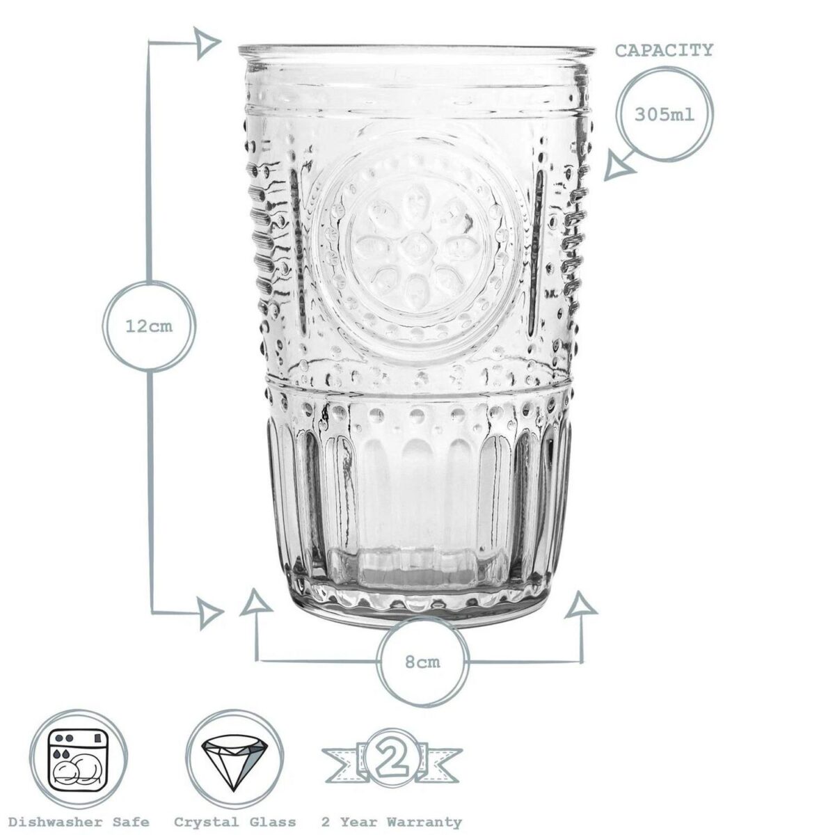 Bormioli Rocco 6x Romantic Water Glasses Vintage Style Tumbler 305ml Clear - Image 3
