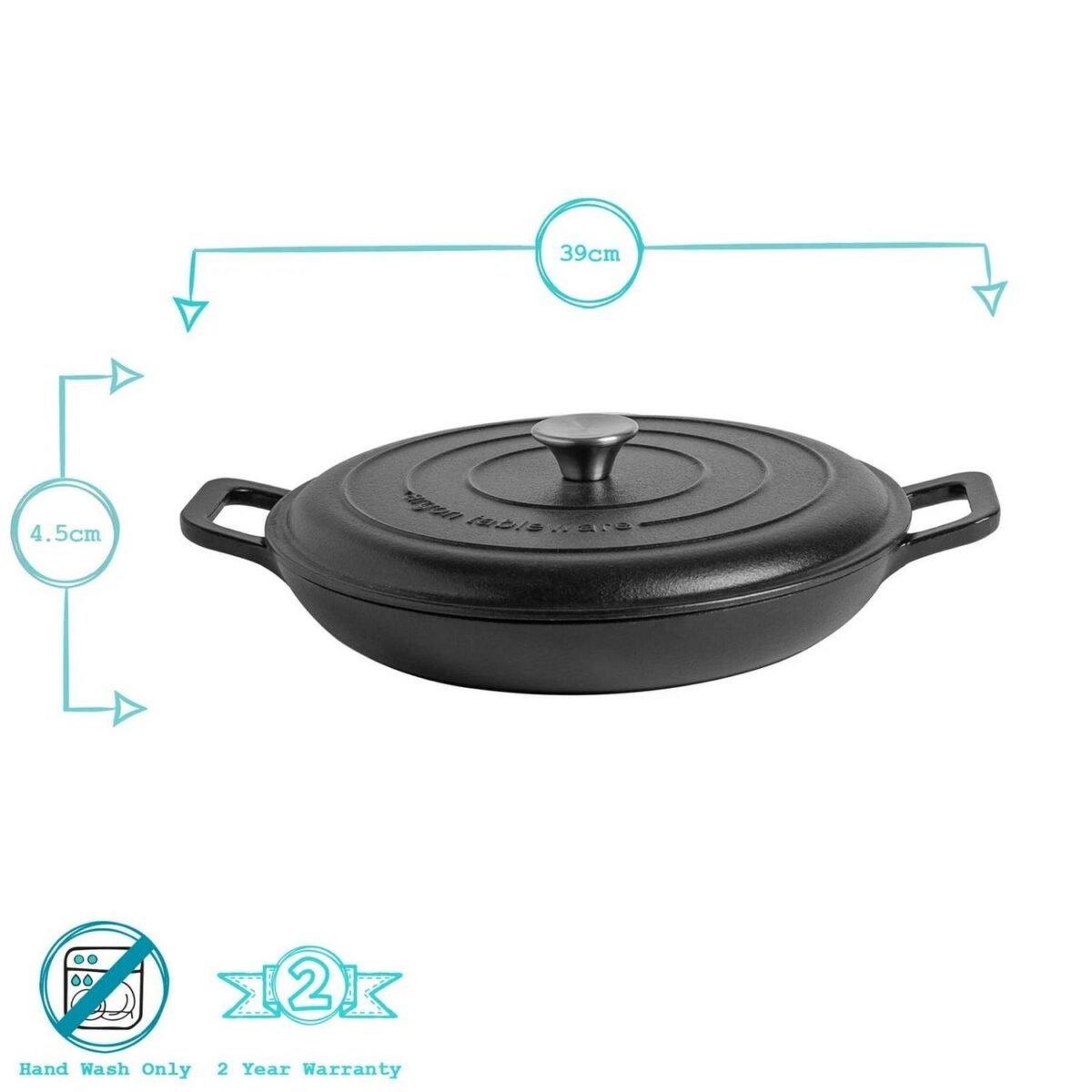Cast Iron Shallow Casserole Dish with Lid Enameled Hob to Oven 2.3L Matt Black - Image 3