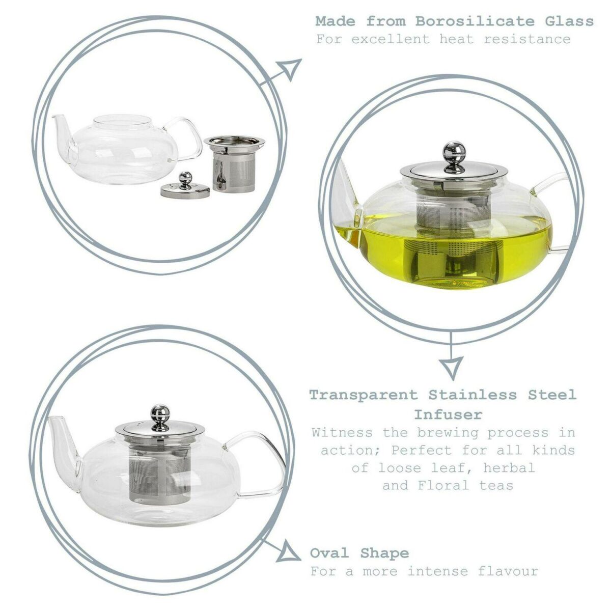 Clear Glass Teapot with Infuser for Loose Leaf Tea - 800ml - Oval Vintage Pot - Image 2