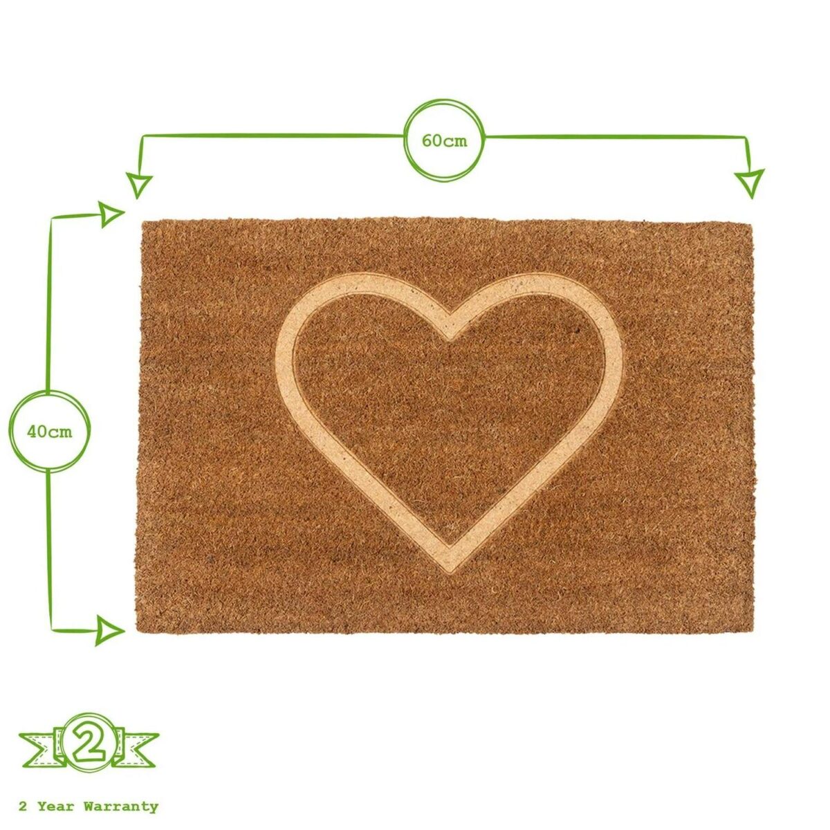 Coir Door Mat Natural Indoor Outdoor Welcome Mats 60 x 40cm Embossed Heart - Image 3
