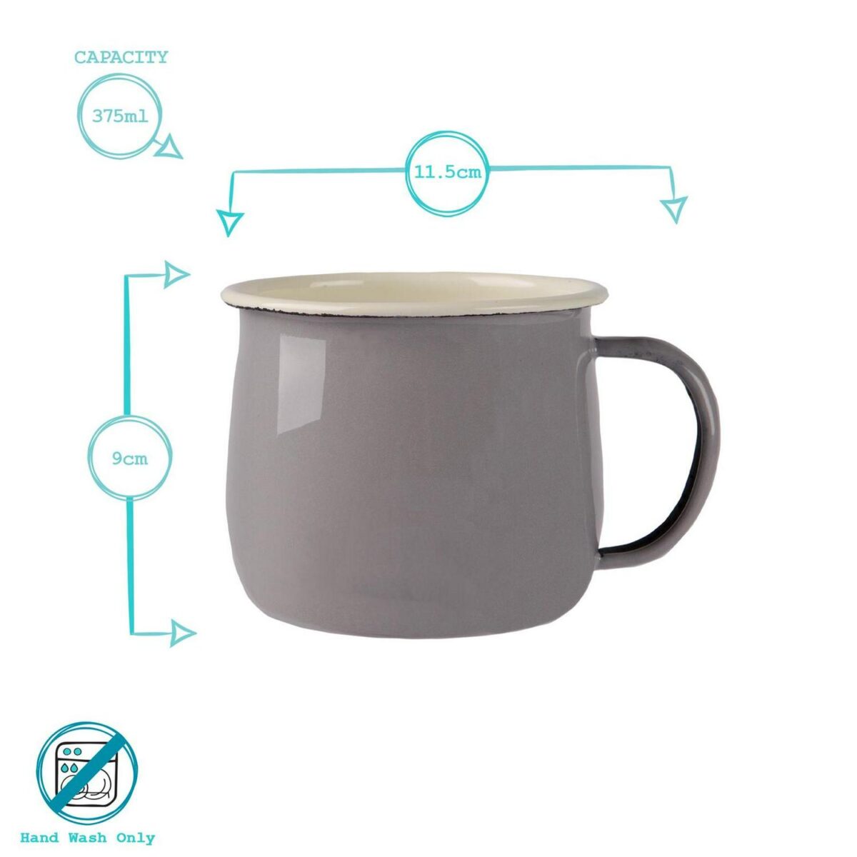 Coloured Enamel Belly Mugs Metal Camping Tea Coffee Cups 375ml Grey/Cream - Image 3