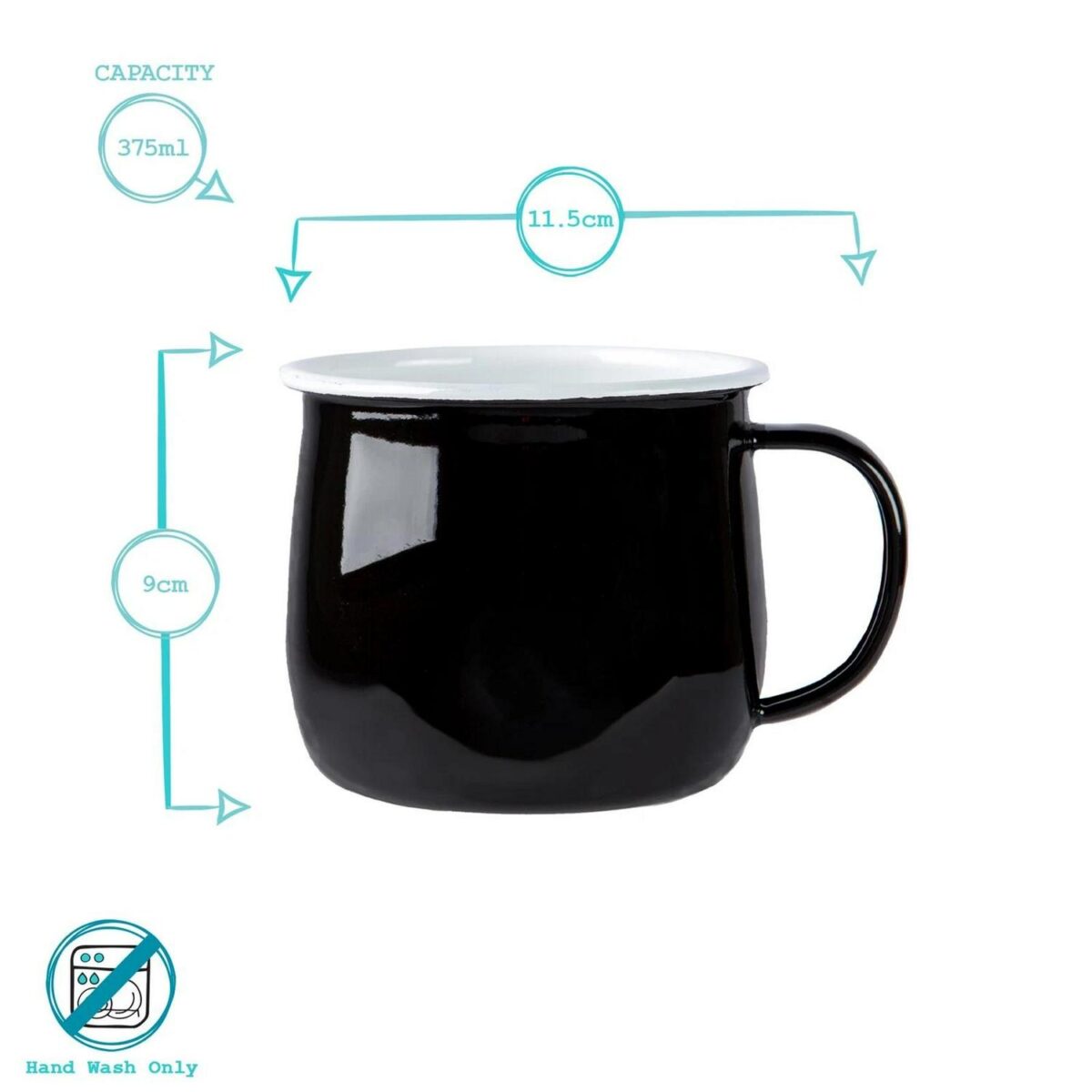 Coloured Enamel Belly Mugs Metal Camping Tea Coffee Hot Drinks 375ml Black/Grey - Image 3