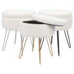 Cream Round Boucle Storage Footstool Ottoman Stool Seat Hairpin Legs H46 x D37cm