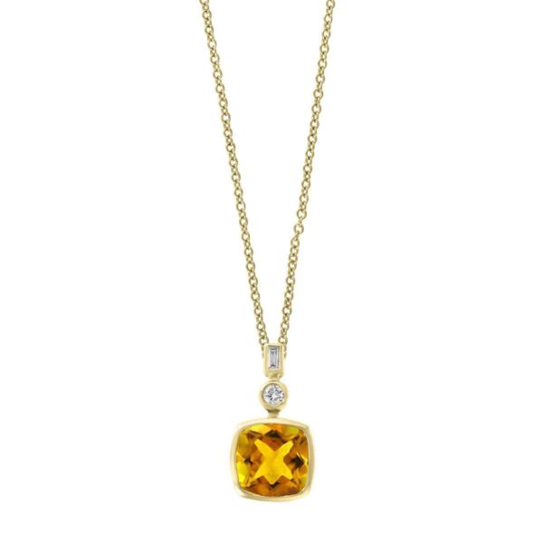 Cushion Cut Citrine and 0.07ctw Diamond Pendant, 14ct Yellow Gold