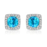 Cushion Cut Swiss Blue Topaz and 0.13ctw Diamond Stud Earrings, 14ct White Gold