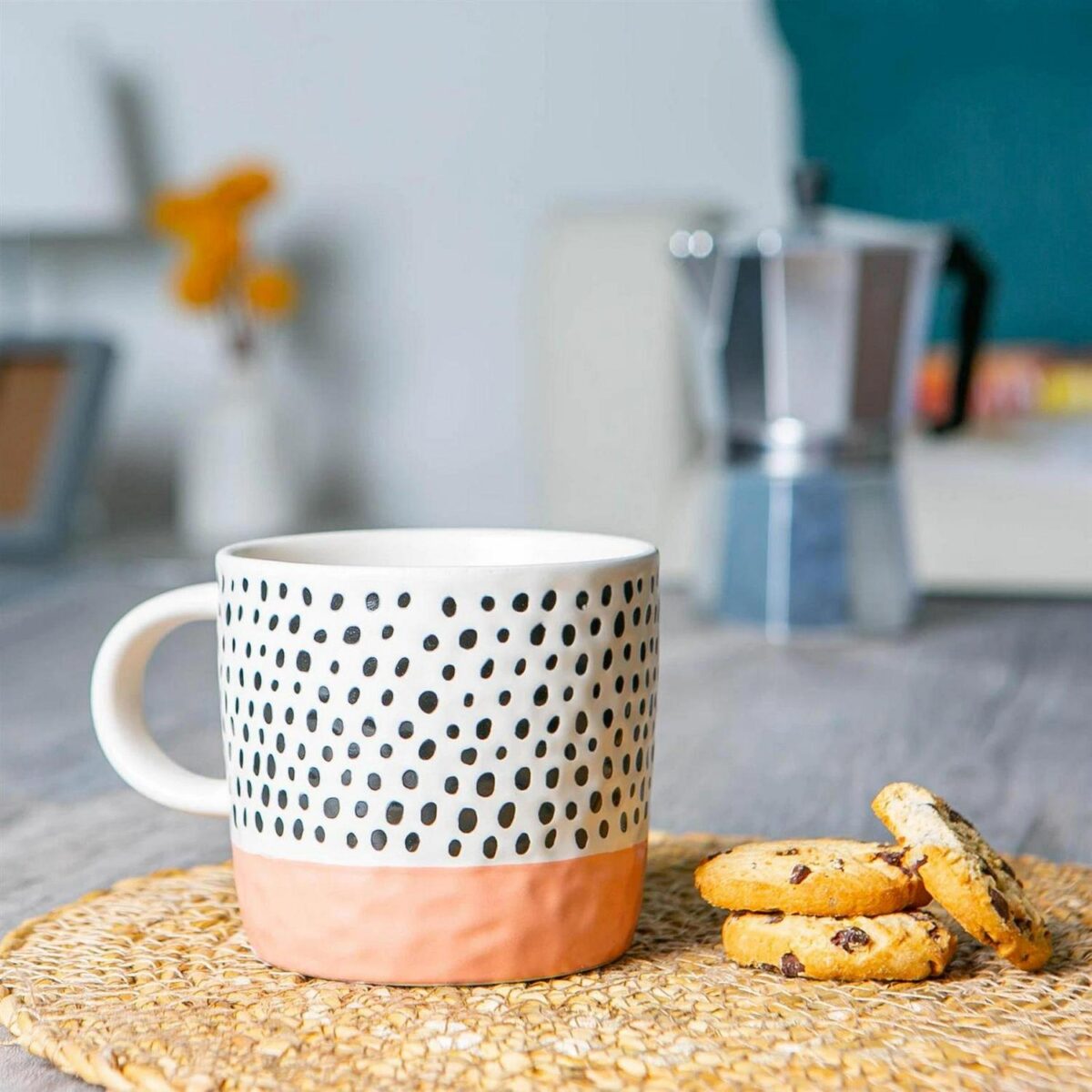 Dipped Dotty Stoneware Coffee Mug Large Rustic Ceramic Tea Cups Set 385ml Pink - Image 5
