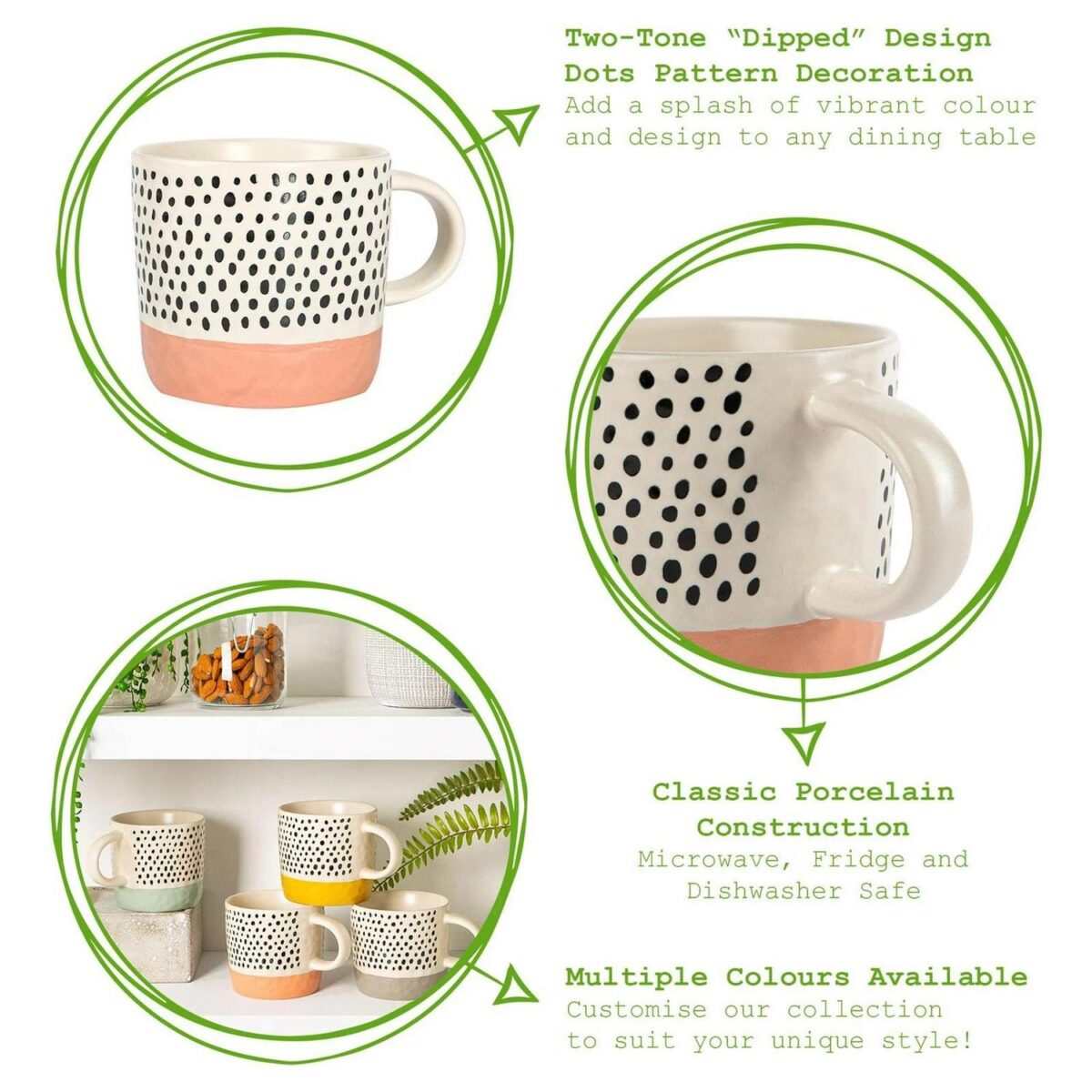 Dipped Dotty Stoneware Coffee Mug Large Rustic Ceramic Tea Cups Set 385ml Pink - Image 2