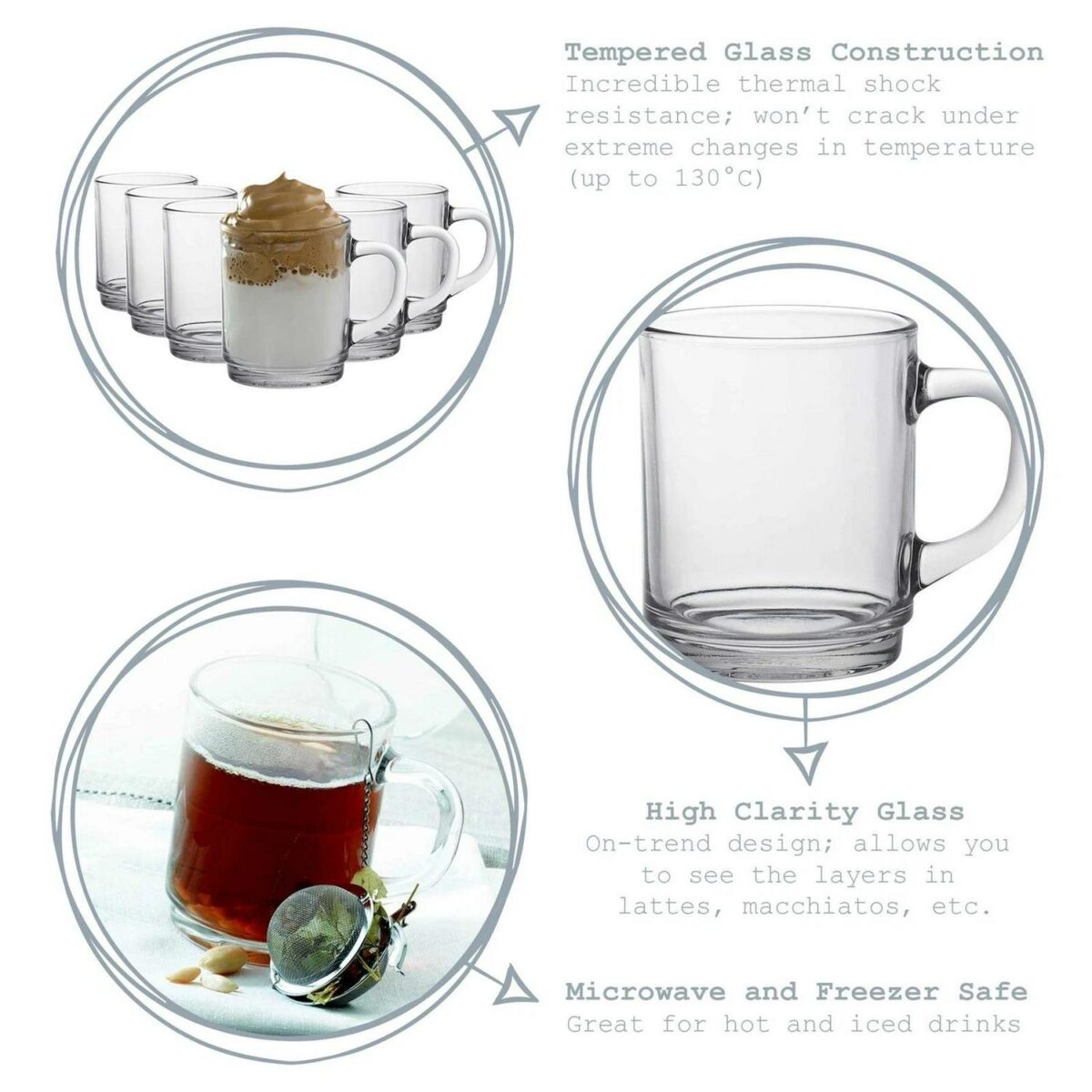 Duralex Versailles Glass Coffee Mugs Cups for Tea Hot Drinks 260ml Clear x6 - Image 2