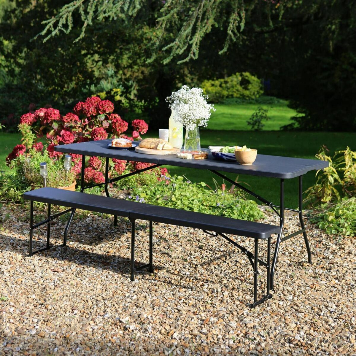 Folding Camping Picnic Table, Bench and Chair Set 180cm (6ft) Black Furniture - Image 6