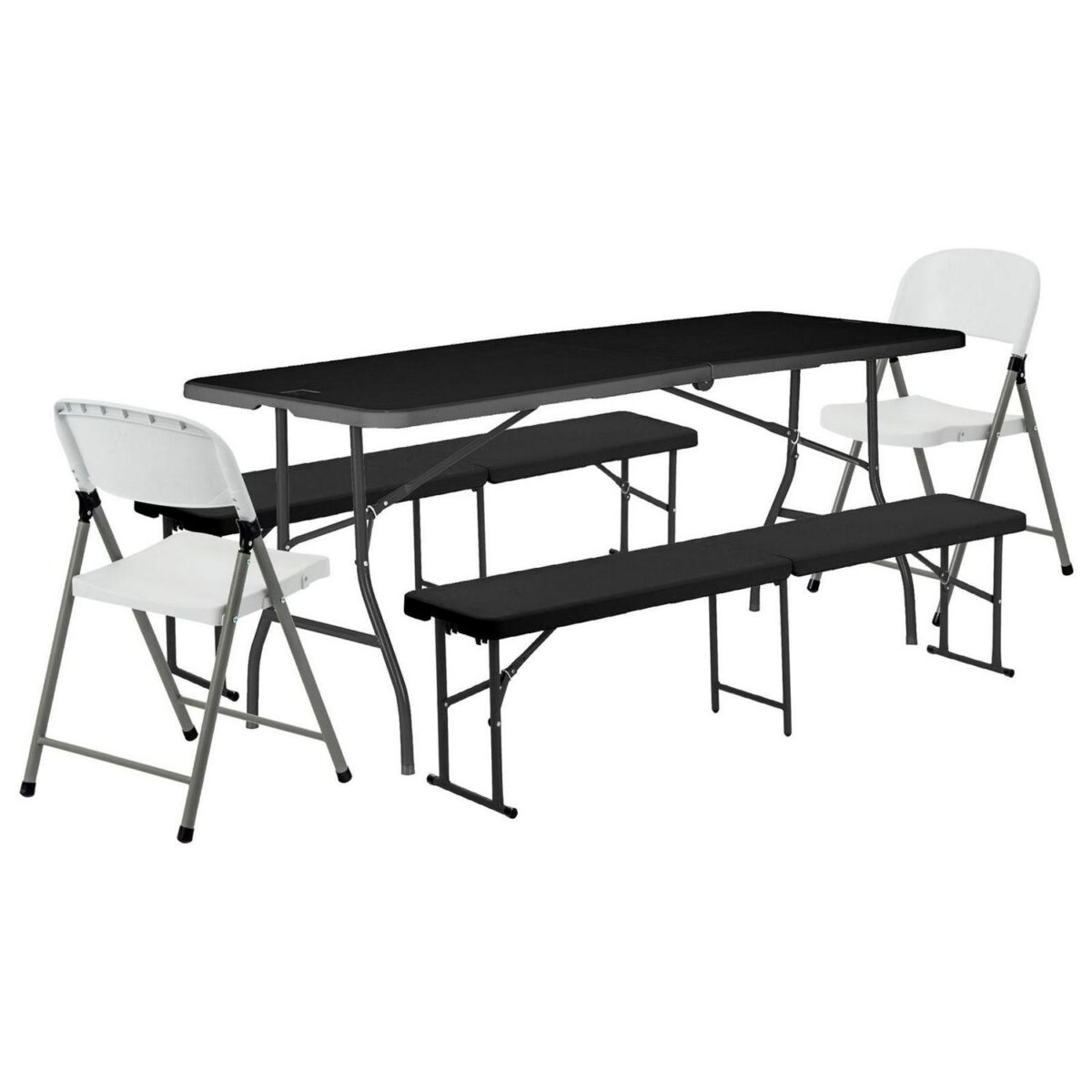 Folding Camping Picnic Table, Bench and Chair Set 180cm (6ft) Black Furniture - Image 1