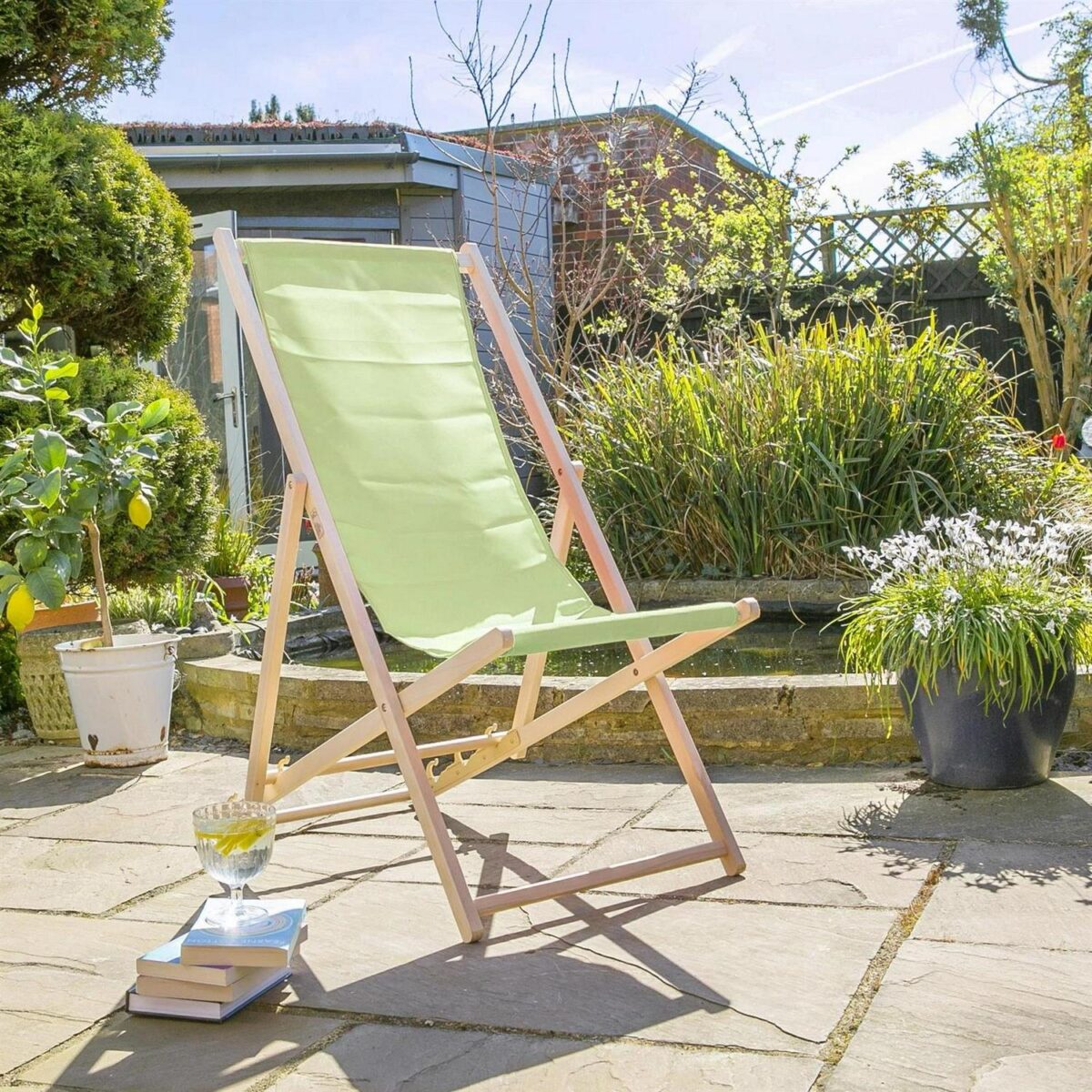 Folding Wooden Deck Chair Adjustable Reclining Canvas Beach Lounger Lime Green - Image 5