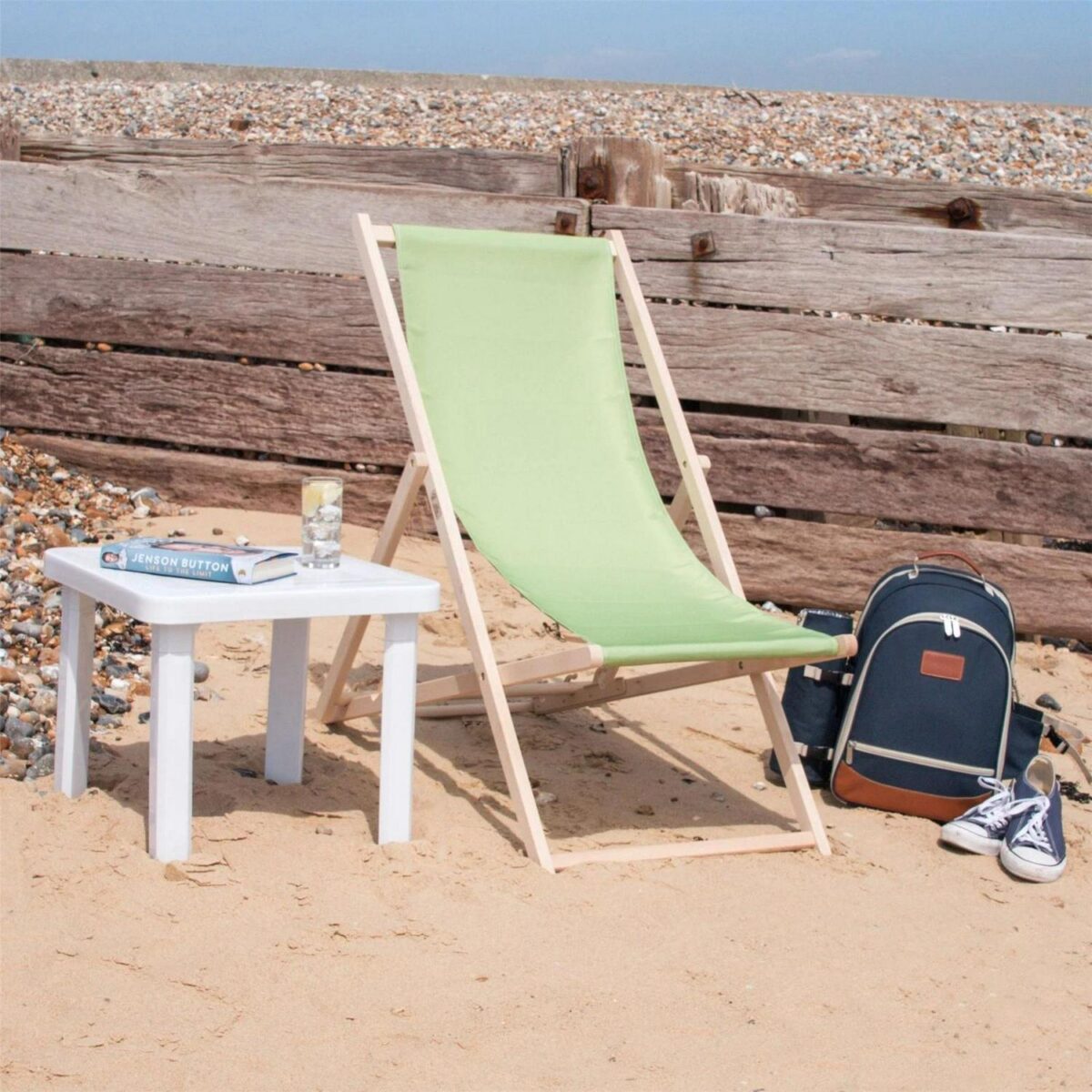 Folding Wooden Deck Chair Adjustable Reclining Canvas Beach Lounger Lime Green - Image 6