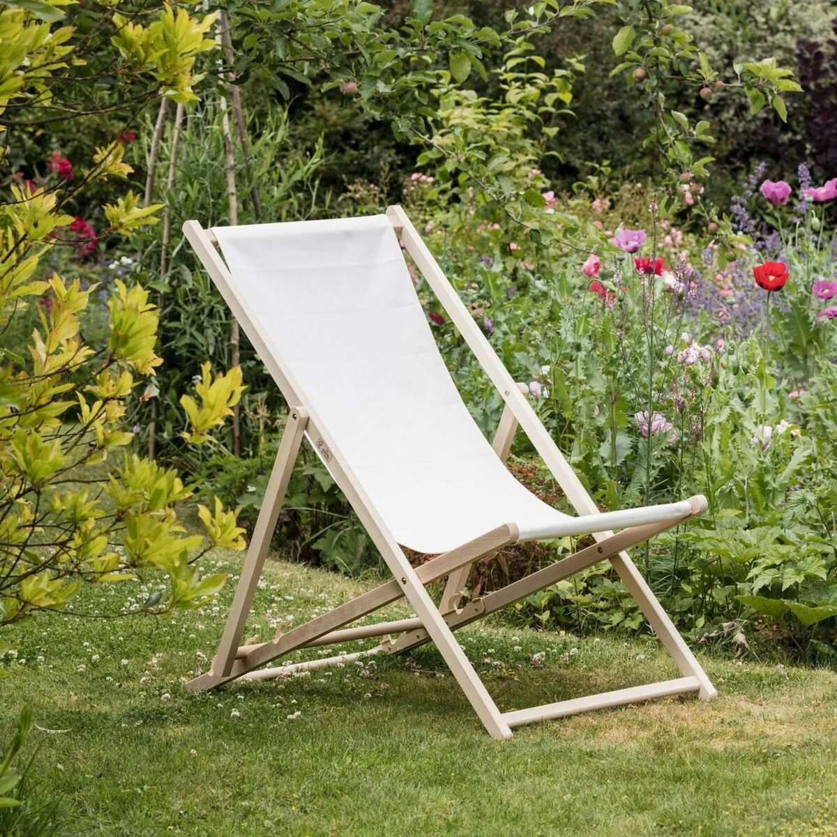 Folding Wooden Deck Chair Adjustable Reclining Canvas Beach Lounger Natural - Image 5
