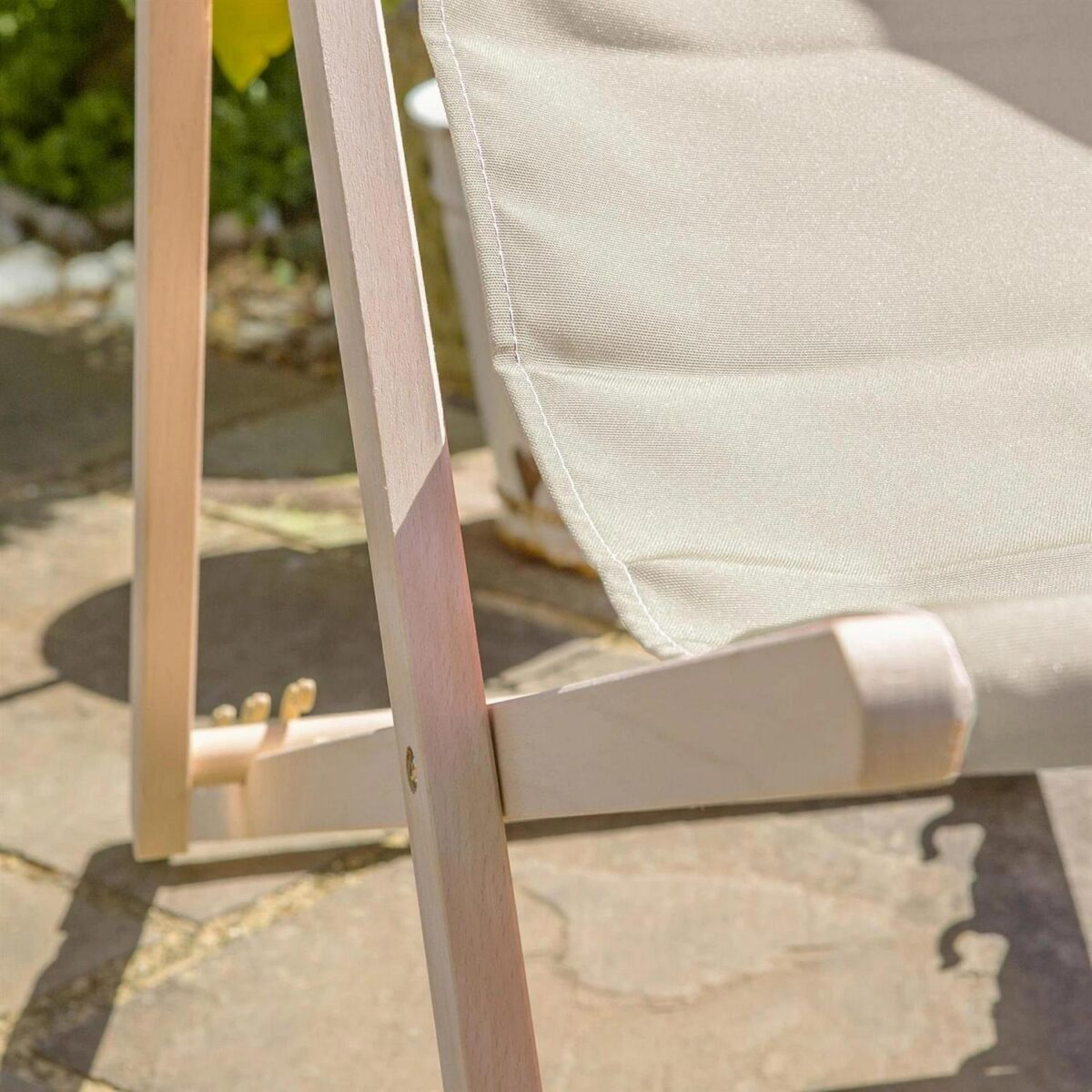 Folding Wooden Deck Chair Adjustable Reclining Canvas Beach Lounger Natural - Image 7