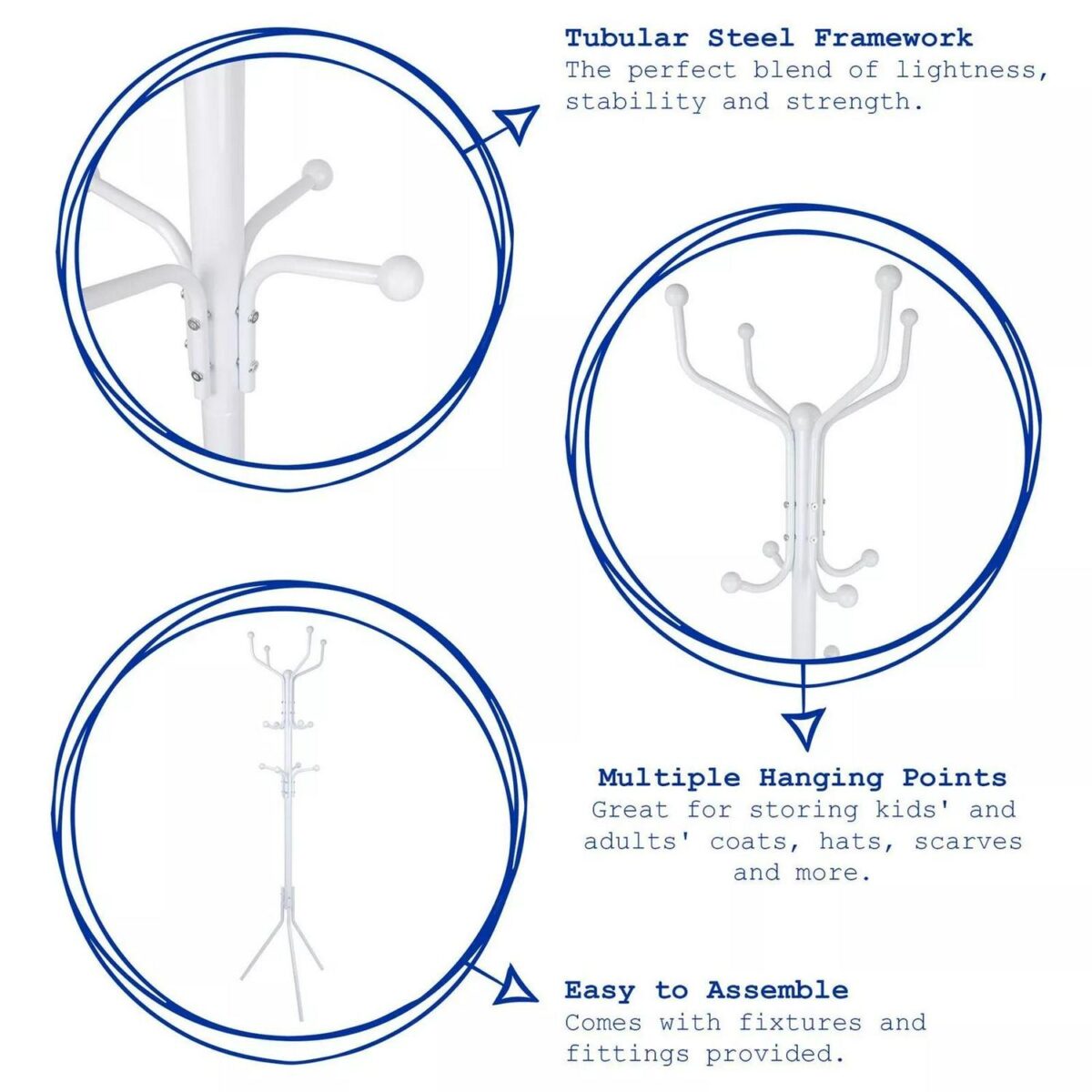 Free-Standing Steel Coat Rack Clothes Hat Umbrella Hanger Tree Stand White/Black - Image 3