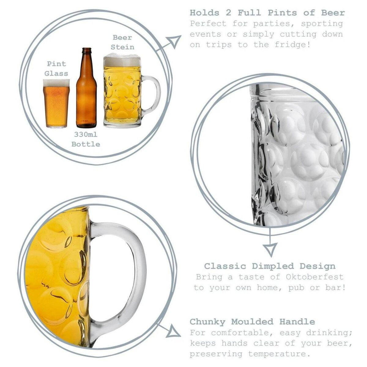 Glass German Beer Tankard. Stein Beer Dimple Glass. Gift Boxed - 2 Pints - Image 2