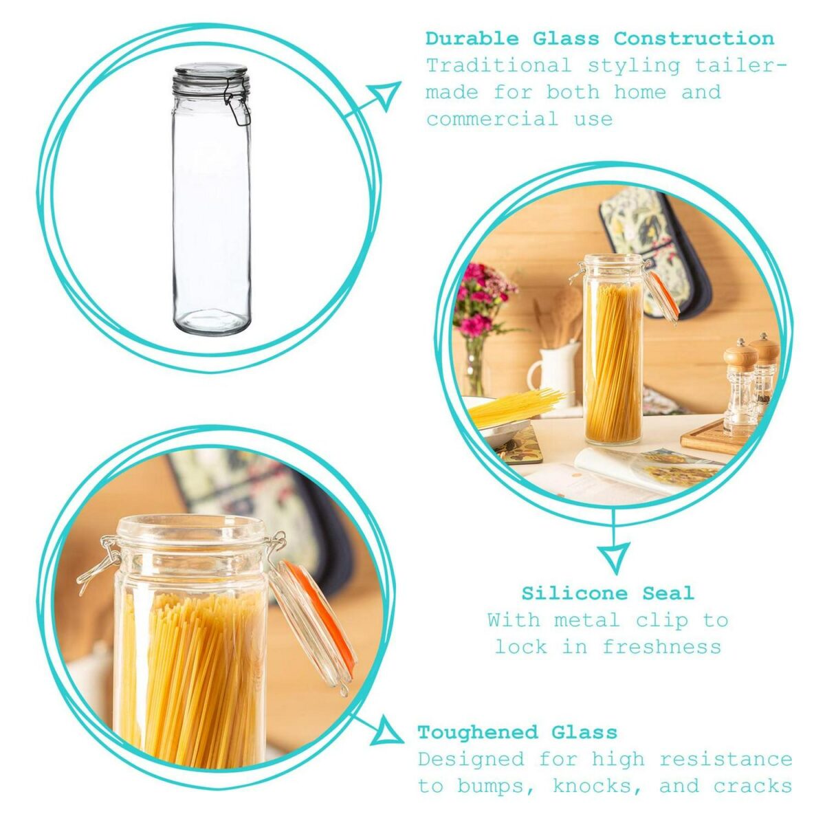 Glass Spaghetti Pasta Food Preserving Storage Jar - 2050ml Clip Top Kitchen - Image 2