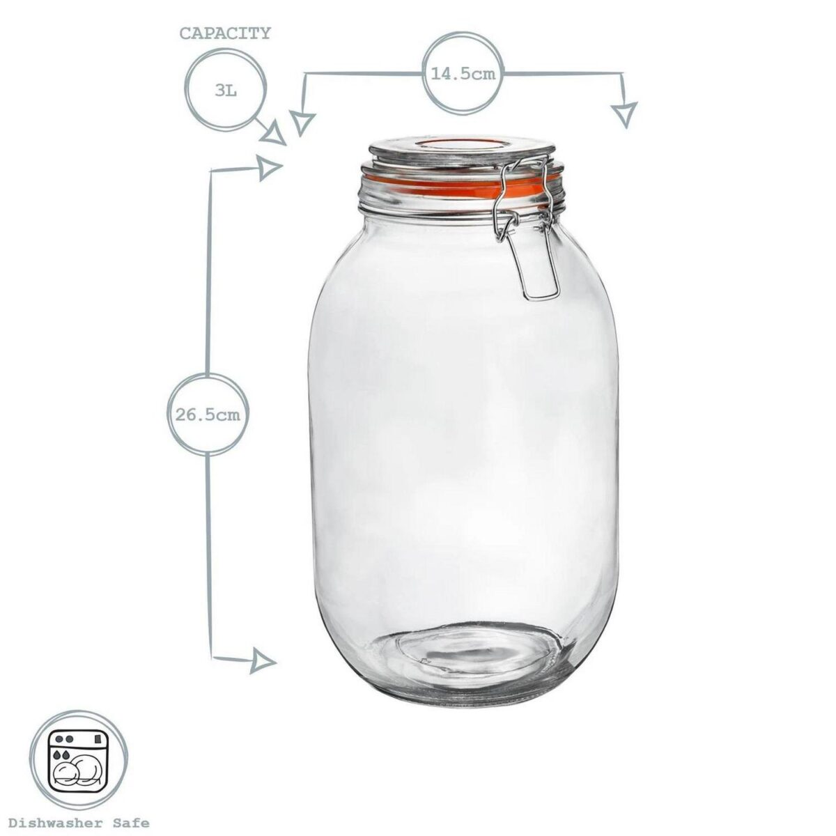 Glass Storage Jar Food Preserving Container Clip Lid 3 Litre Orange Seal - Image 3