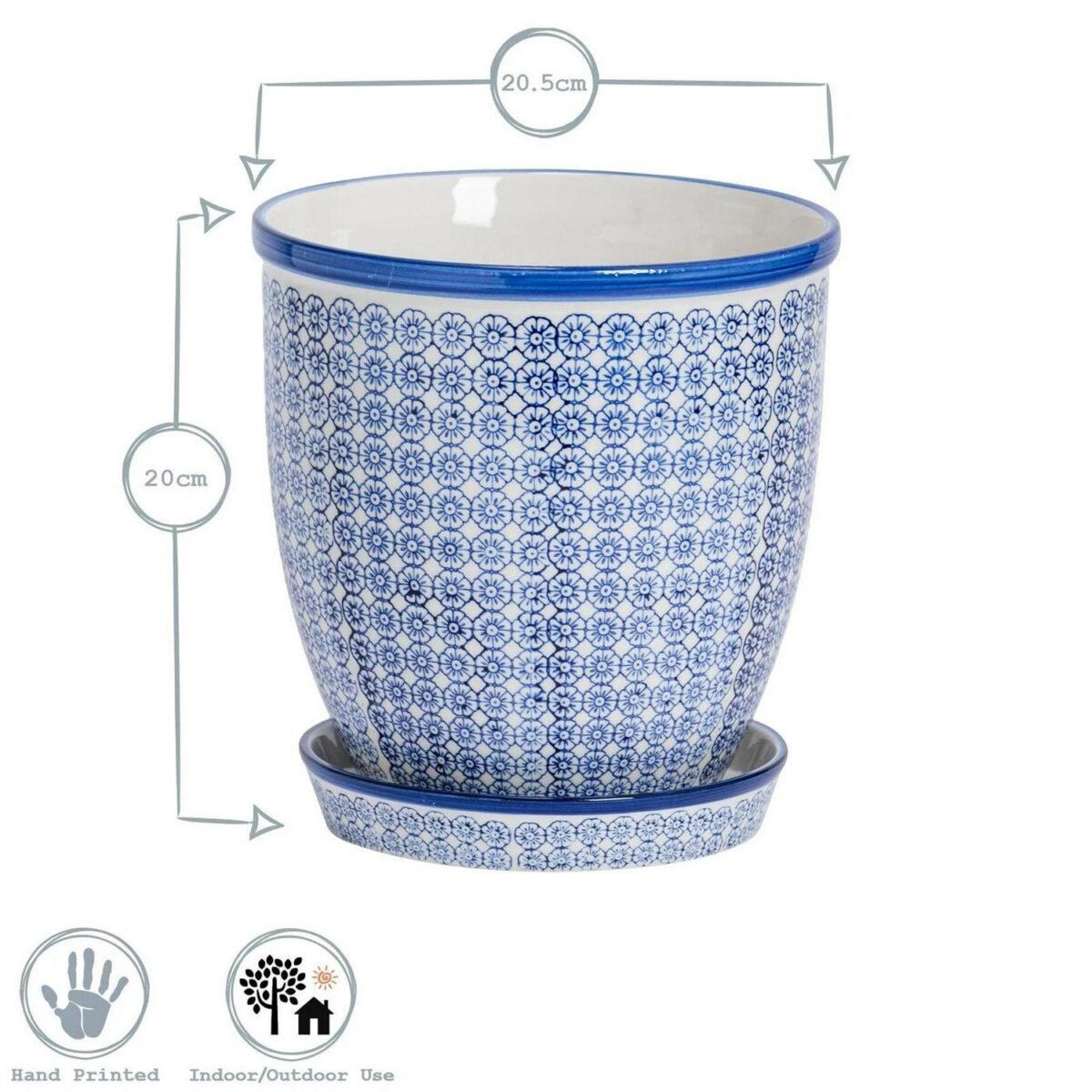 Hand-Printed Plant Pot with Saucer Garden Flower Planter 20.5cm Orange - Image 3