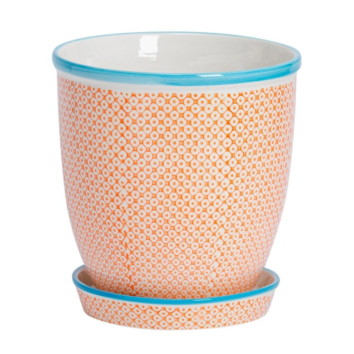 Hand-Printed Plant Pot with Saucer Garden Flower Planter 20.5cm Orange - Image 1