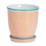 Hand-Printed Plant Pot with Saucer Garden Flower Planter 20.5cm Orange