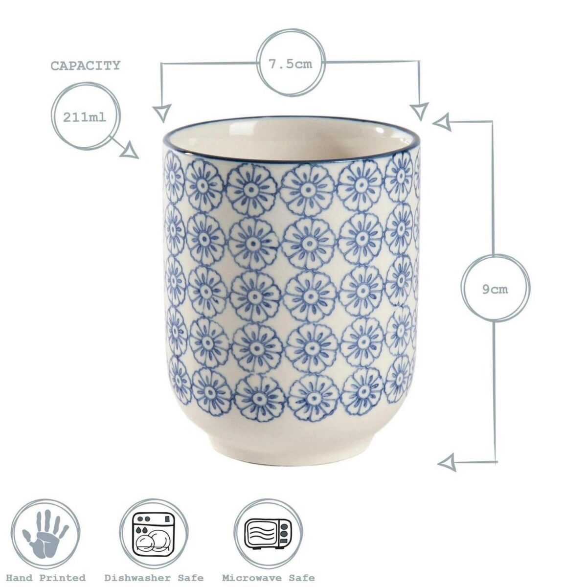 Hand Printed Porcelain Mug Tea Coffee Cups No Handles 280ml Blue - Image 3
