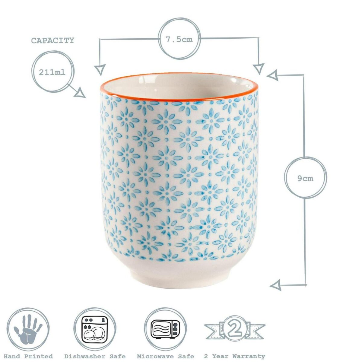 Hand Printed Porcelain Mug Tea Coffee Cups No Handles 280ml Blue - Image 3