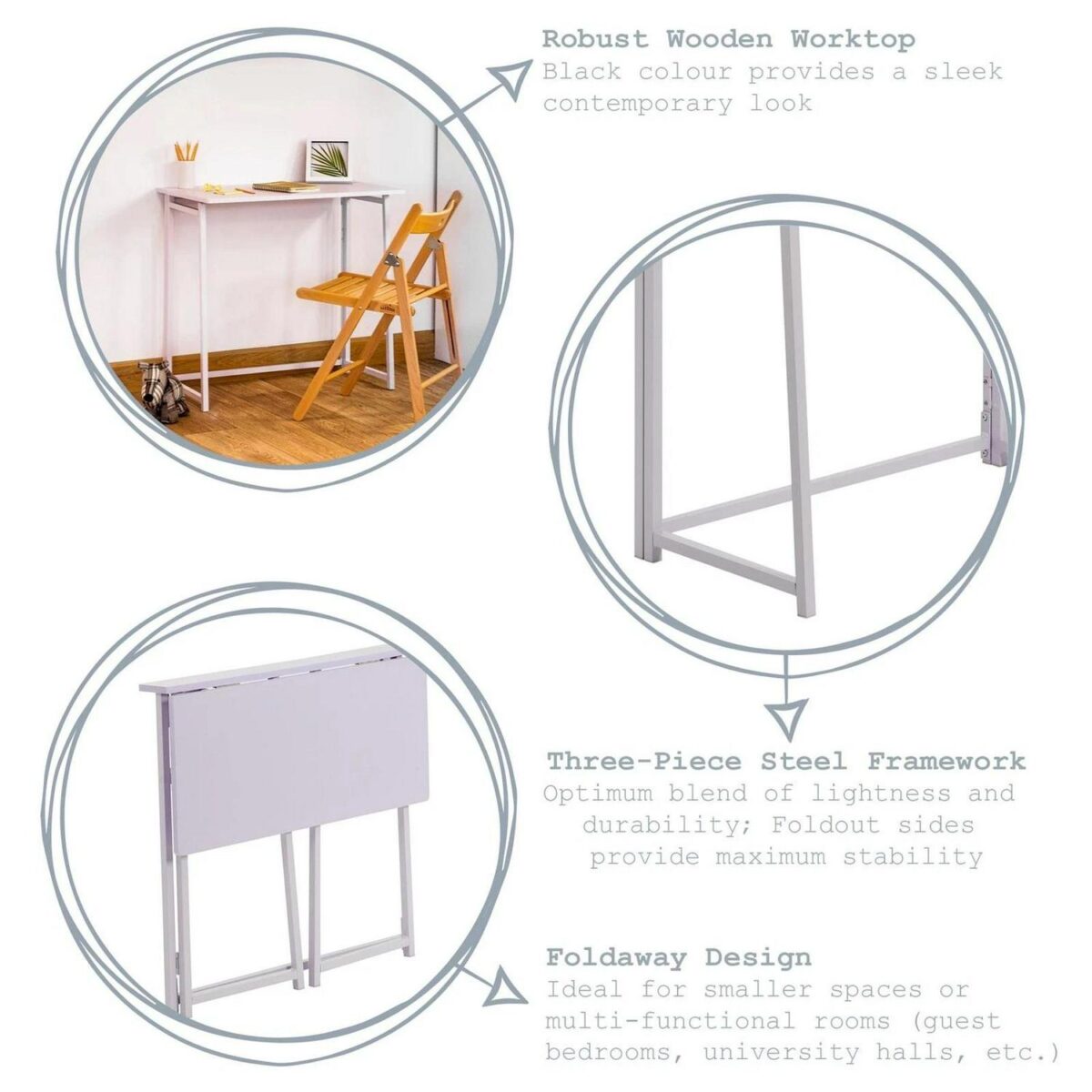 Harbour Housewares Deluxe Wooden Folding Desk Metal Frame 80cm White/Lilac - Image 2