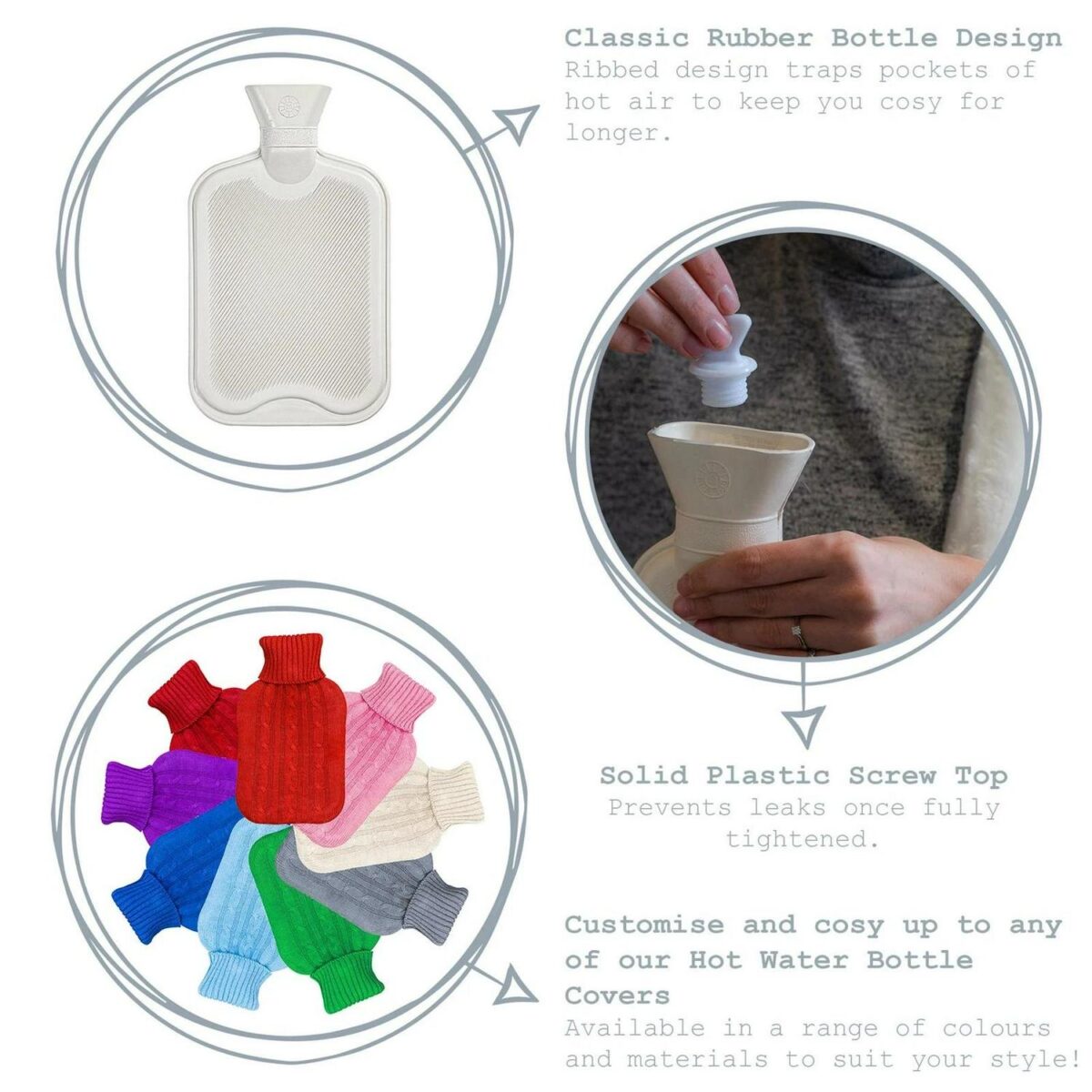 Hot Water Bottle Classic Ribbed Rubber Screw Stopper 2L Cream - Image 2