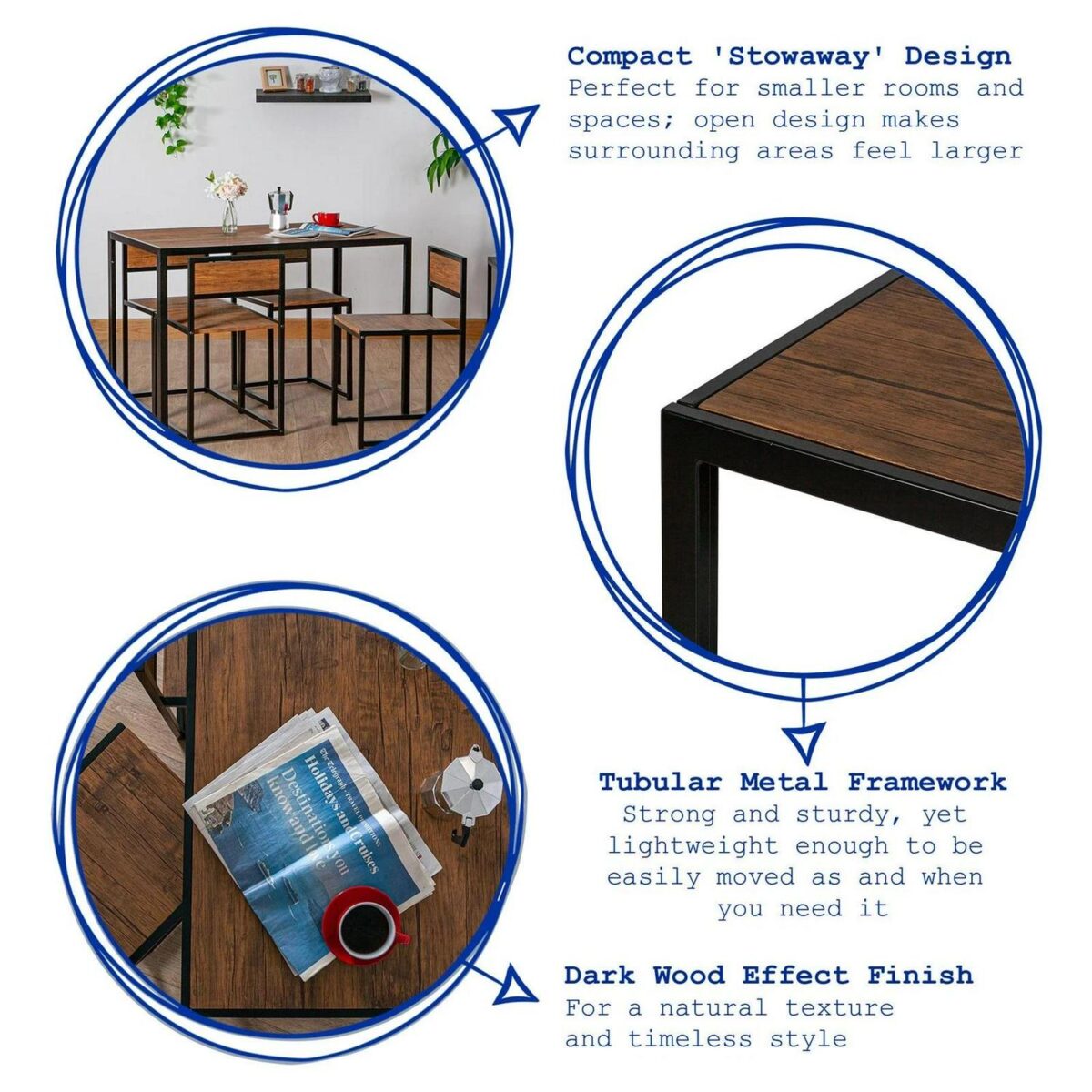 Industrial 2 Seater Breakfast Bar Set Compact Kitchen Table and Chairs Brown - Image 2